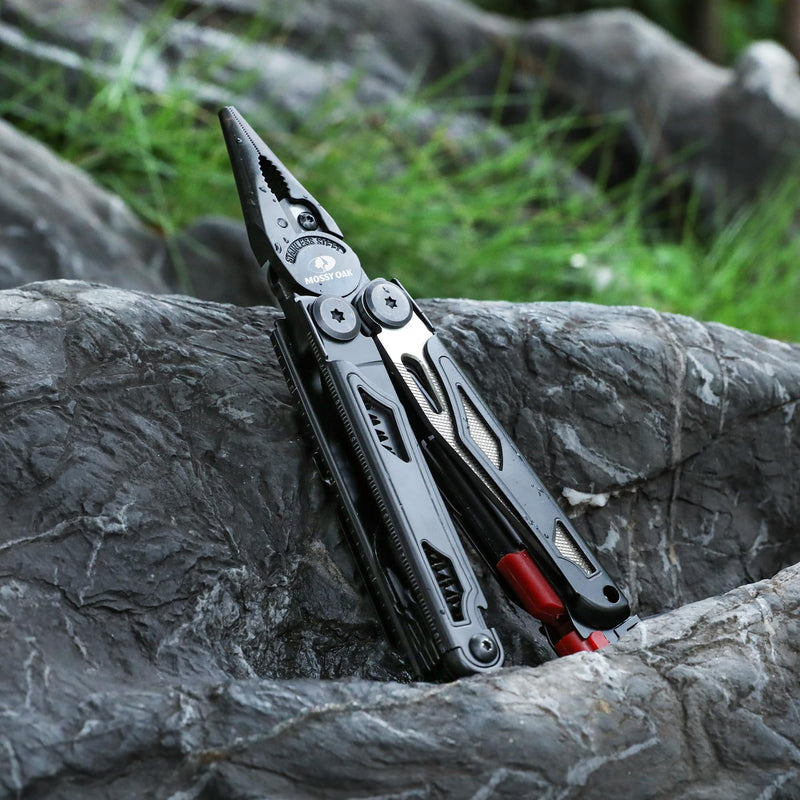 MOSSY OAK Multitool, 19-in-1 Stainless Steel Multi Tool Pliers, Survival Tools with Fire Starter, Window Breaker, Whistler, Self-locking EDC Gear with Sheath for Outdoor, Survival, Camping, Hiking 19-in-1 with Fire Starter & Whistle