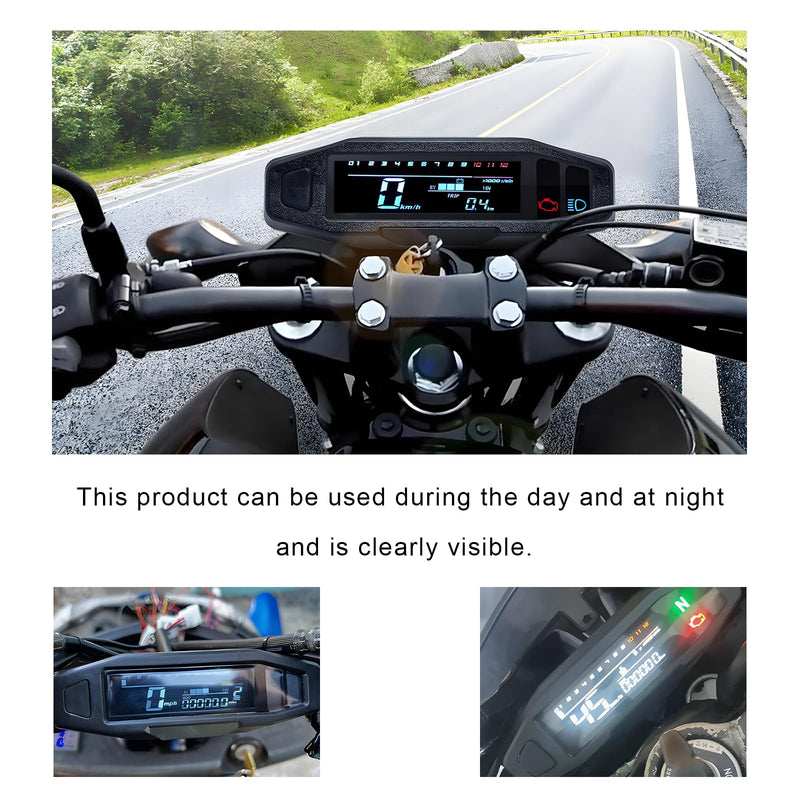 JINXl Motorcycle Speedometer, 6 Gear 12000 RPM Digital Speed Gauge with Mini LCD Screen, Waterproof Gauge Cluster Tachometer Odometer Oil Level Meter for Small Engine Motorcycles