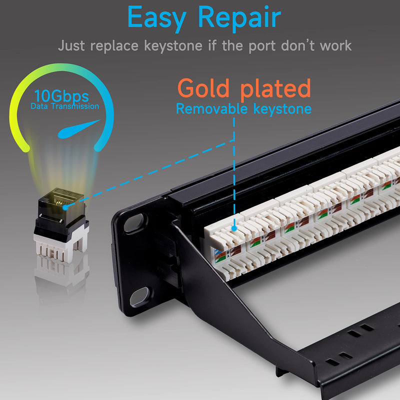 Cat6 Patch Panel 24 Port with Keystone, RJ45 Network Panel 19 Inch, Punch Down Keystone Ethernet Patch Panel with Back Bar Black 24port