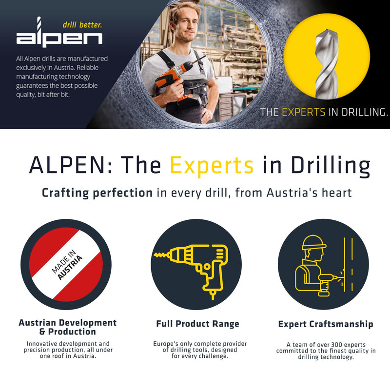 ALPEN 5-Piece Multi-Material Drill Bit Set – Tungsten Carbide Multicut, Drills Tile, Masonry, Metal, Wood & Plastic with One Bit – No Bit Changes – Austrian Engineering 5 PCS Set Cylindrical Shank