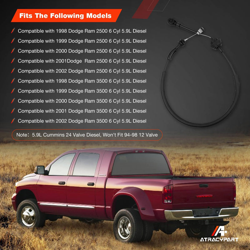 Throttle Accelerator Cable - Compatible with Dodge Ram 2500/3500 Cummins 5.9L 24 Valve Diesel (1998-2002) - Replaces OEM #53031626AC 53031626AB