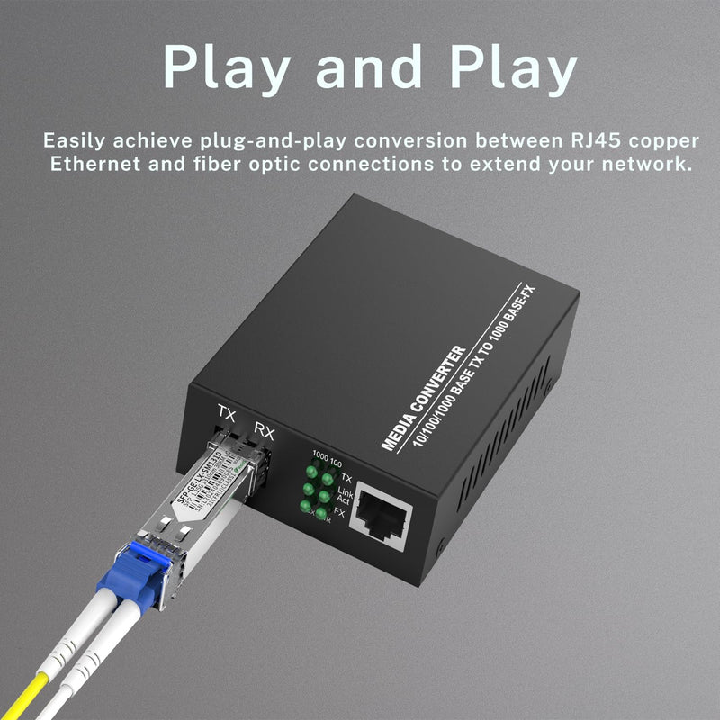 2 Pack Gigabit Ethernet Fiber Media Converter, Open SFP Slot, RJ45 to 1000Base-SX for 10/100/1000Mbps, Supports Gigabit SFP Modules Up to 120KM, Plug and Play, Auto-Negotiation, UL Certified