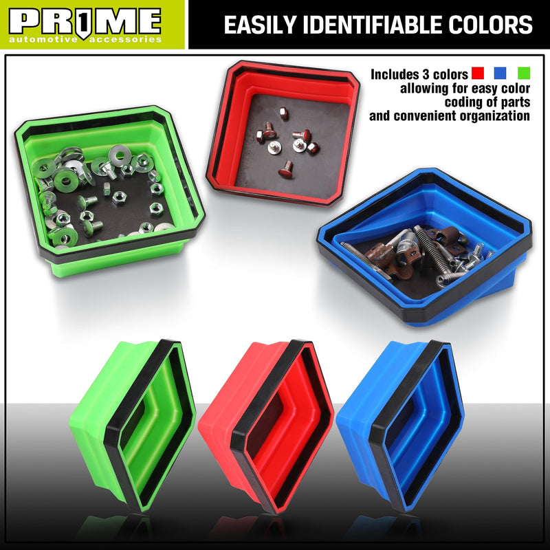 PR1ME Upgrade Collapsible Magnetic Parts Tray Set, 3 Pack, Foldable Magnetic Tool, 4.25 inch Square Silicone Bowls with Magnetic Base Stores and Organizes Small Parts and Tools Upgrade Trays