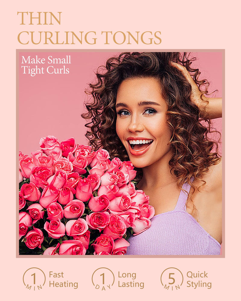 9mm Curling Tongs, Thin Chopstick Curling Wand for Tight Ringlets & Corkscrew Curls, Small Barrel Hair Curler for Men, Short & Long Hair, Ceramic Tourmaline with 5 Temps 140-220°C L