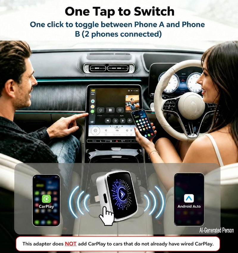 2-in-1 Wireless CarPlay Android Auto Adapter for Factory Wired Carplay Cars | One-Tap Phone Switch, Plug & Play USB-C/A Dongle, 5GHz WiFi BT5.4, Fast Auto Reconnect, Extension Cable, Not for BMW Tesla Black