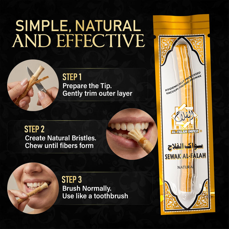 SEWAK AL-FALAH Miswak (Traditional Natural Toothbrush) - 20 Pack - Individually Vacuum Sealed for Long-Lasting Freshness – Traditional Oral Care for Deep Cleaning, Whitening, and Plaque Defense 1 Count (Pack of 20) Regular
