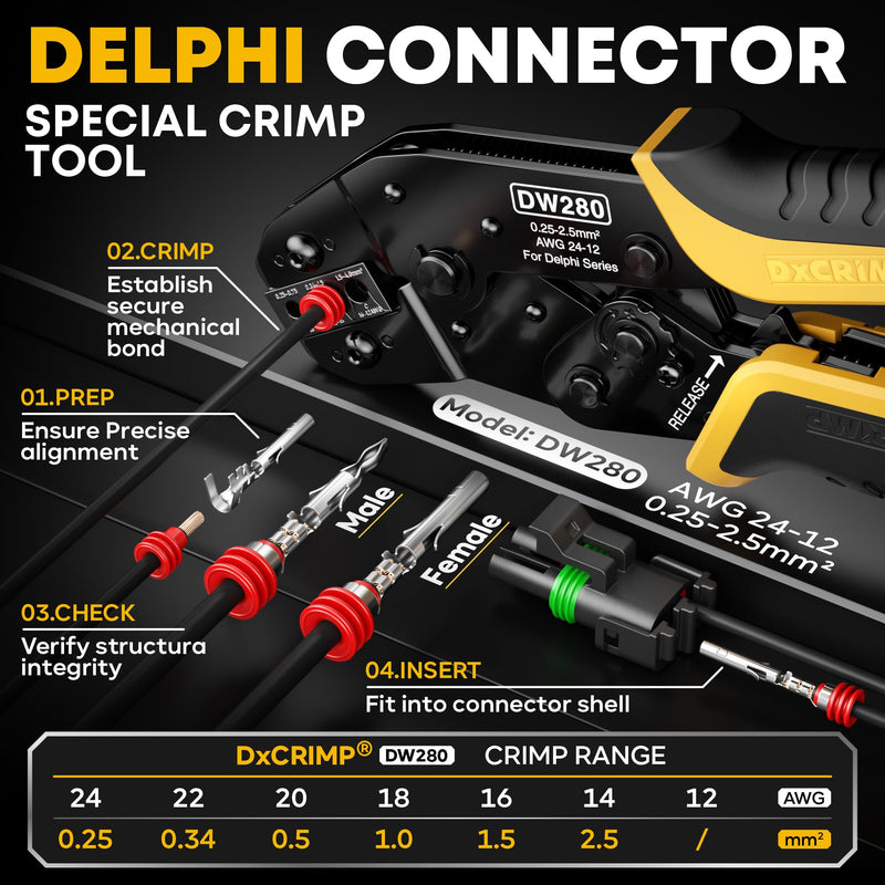 Weather Pack Connectors Crimping Tool Kit, 1–4 Pin Automotive Connector Set with Ratcheting Crimper 22–12 AWG & Extraction Tool, for Harness Repair, Compatible with Delphi/Aptiv Weather Pack 1-4 Pin | 22-12 AWG