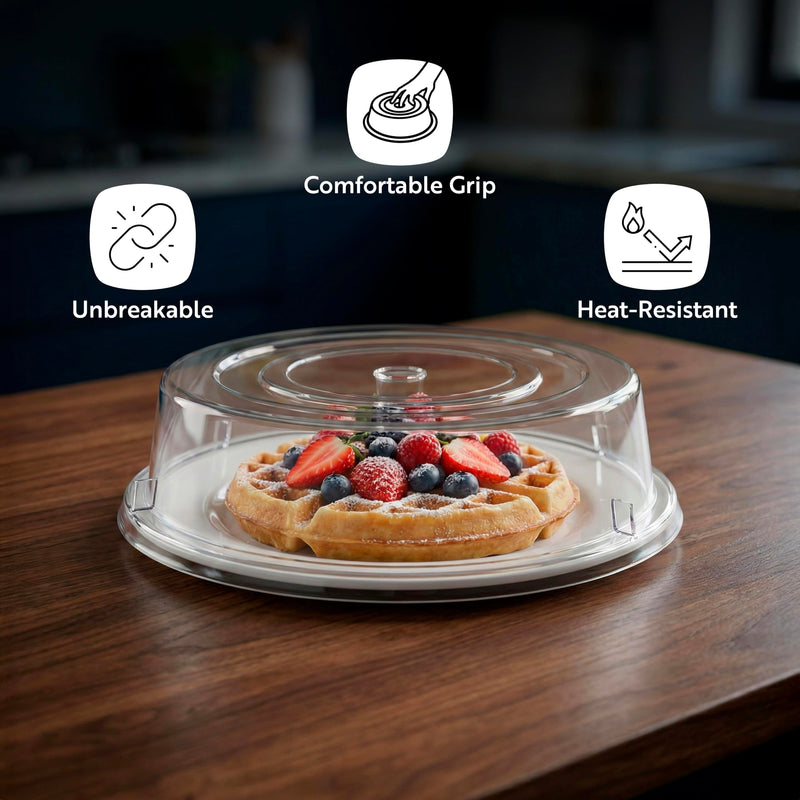 Restaurantware Cater Tek 11 Inch Polycarbonate Plate Cover 1 Shatterproof Dish Cover - Microwavable Endures Up To 210F Clear Plastic Splatter Cover With Finger Hole For 11 Inch Plates 1 Count 11"