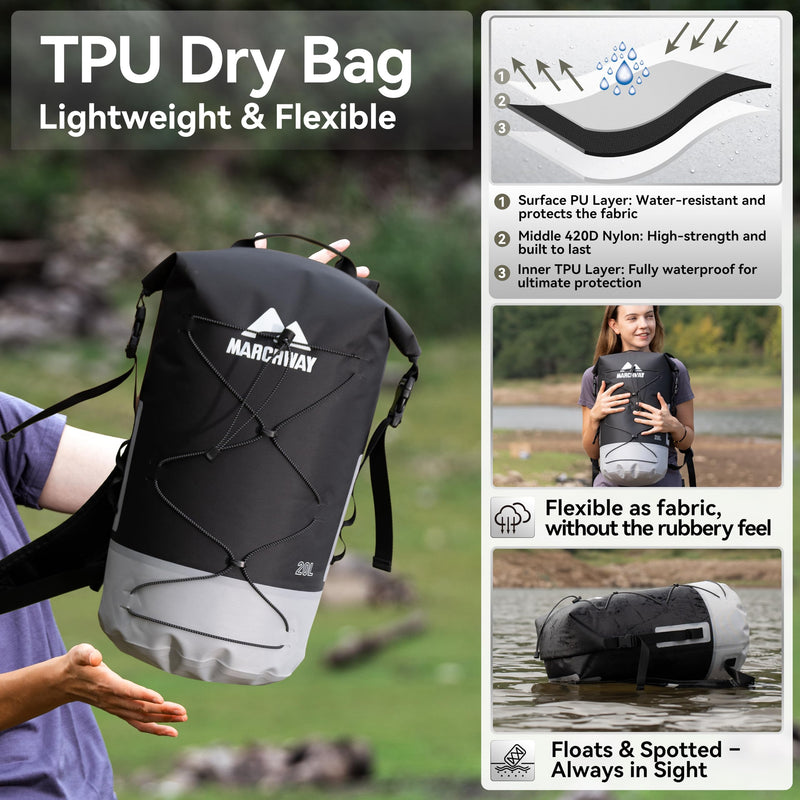 MARCHWAY Floating Roll Top Dry Bag, Flexible Lightweight TPU Waterproof Backpack 20L/30L/40L with Padded Straps for Boating, Kayaking, Swimming, Hiking, Beach (Black, 20L) Black