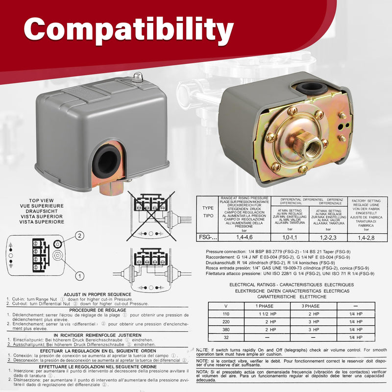 Well Pressure Switch 40/60 PSI for Well Pump, Automatic On/Off Water Pump Pressure Switch with Adjustable Differential, 1/4" NPT Connection for Residential Water Systems, Irrigation and RV