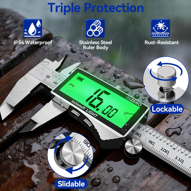 Rechargeable Digital Caliper 6 Inch, High-Precision Stainless Steel Vernier Caliper with Backlight, Support MM/in/F, Type-C Charging, LCD Screen Measuring Tool White