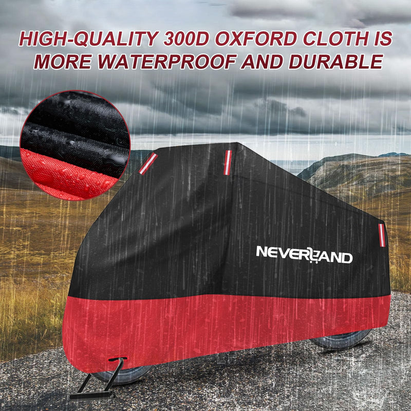 NEVERLAND Motorcycle Cover Waterproof Outdoor, 300D Motorcycle Cover Heavy Duty Outdoor All Season Protection, Universal Motorbike Cover with Night Reflective, Lock-Holes, Storage Bag (Up to 86") L(Up to 86")