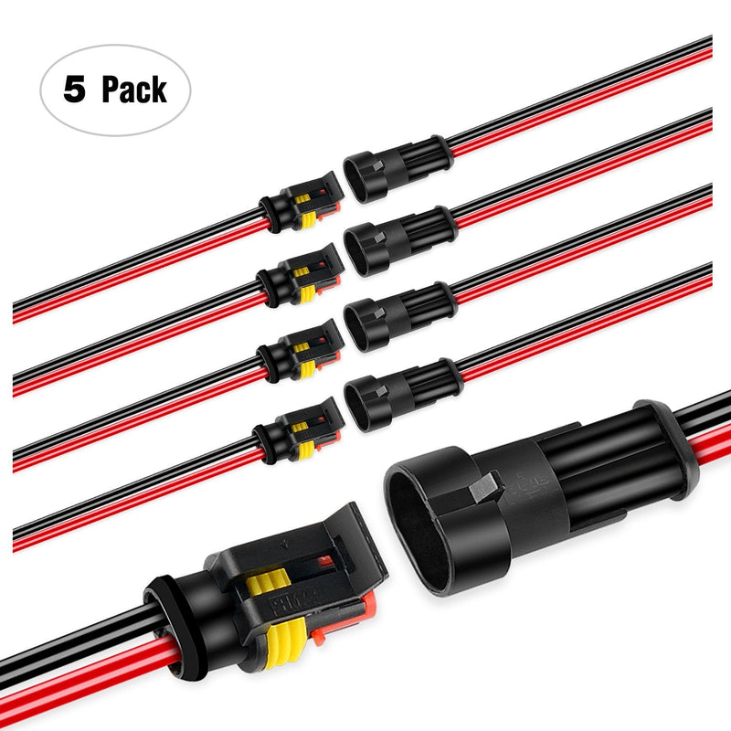 Nilight GA0007 1 2Pin Way 16AWG Waterproof Wire 1.5mm Series Terminal Connector-5 Pack 2Pin Wire Harness 5Sets