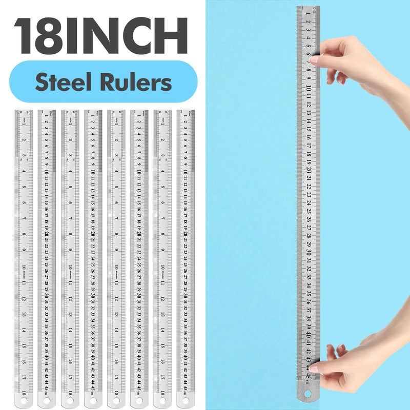 EBOOT 8 Pack 18 Inch Stainless Steel Rulers, Back to School Supplies Metal Rulers Imperial & Metric Graduations for Precision Measuring Meter Yard Stick for Construction Drafting Woodworking 18inch