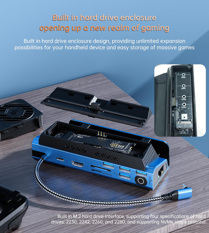 Docking Staion for Steam Deck/ROG Ally/Legion Go,14 in 1 Double Fan Steam Deck Dock M.2 NVMe Expansion Slot. 1000Mbps Ethernet,3.0 PD100W Charging, HD 2.0 4K@60Hz. 4 USB Port. Slot Steam Deck Dock.
