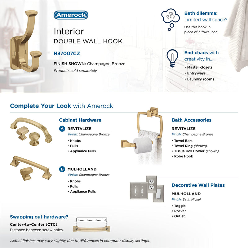 Amerock H37007CZ | Alder Double Prong Decorative Wall Hook | Champagne Bronze Hook for Coats, Hats, Backpacks, Bags | Hooks for Bathroom, Bedroom, Closet, Entryway, Laundry Room, Office