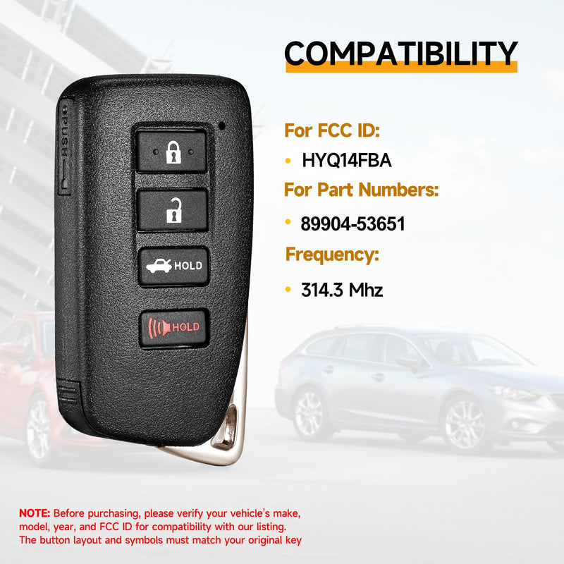 Smart Key Fob Replacement Fits for Lexus IS200 2017 IS200T RC200t 16-17 IS250 14-16 IS300 17-20 IS350 14-20 RC300 16-20 RC350 15-20 ES300h 13-18 Car Keyless Entry Remote HYQ14FBA 281451-2020 315MHz