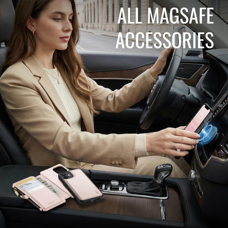 for iPhone 12/Pro - Phone Case Wallet Magnetic, Champagne Gold | Compatible with Magsafe, Detachable, RFID Blocking Card Holder, Zipper Pocket, Wrist Strap, for Women Men, Durable PU Leather iPhone 12 & 12 Pro
