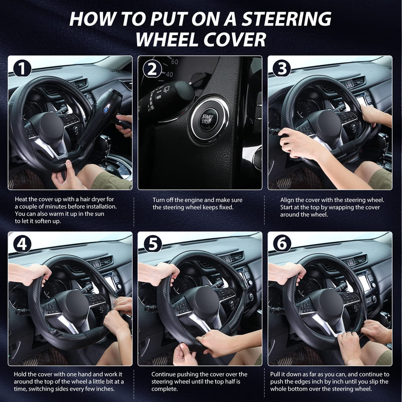 SEG Direct Flat Bottom Steering Wheel Cover Carbon Fiber, D Shaped Car Wheel Cover 14 1/2-15 in. (37-39 cm), Black Microfiber Leather with Carbon Fiber Pattern 2. Black with Carbon Fiber Standard size[14 1/2''-15'']