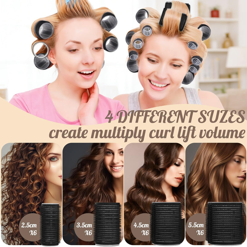 WD&CD 45Pcs Hair Rollers Curlers with 24Pcs Self Grip Hair Rollers 18 Pcs Clips Storage Bag for Long, Medium, Short Hairs Volume, Black