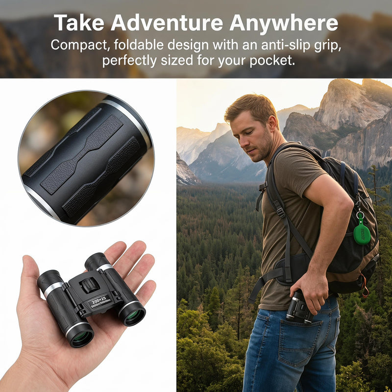 200x25 Compact Binoculars for All Ages – High-Powered Mini HD Optics | Waterproof, fog-proof, durable rubber, for bird watching, hunting, travel, concerts, sightseeing, camping, hiking, outdoor
