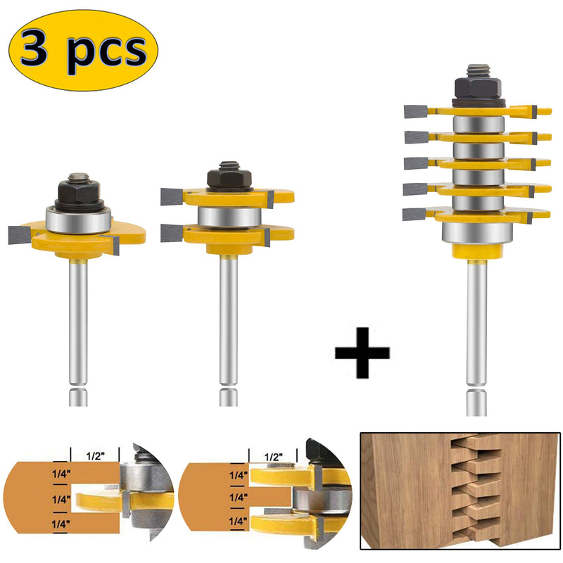 1/4 Inch Shank Router Bit Set & 5 Finger Joint 3Pcs, Tongue and Groove Wood Milling Cutter Drilling Carbide Tool For Door Table Cabinet Shelve(1/4-5 Finger) 3