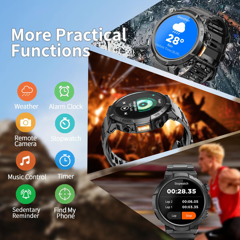 Soudorv Military Smart Watch for Men, 50+ Day Battery Life, Bluetooth Call | 1.53" HD, 110+ sports modes, heart rate/sleep monitor, IP68 waterproof, Fitness Watch with LED Flashlight for iOS/Android Black