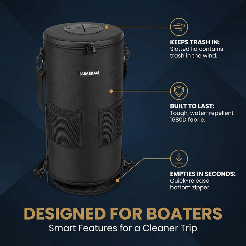 Premium Boat Trash Can with 2 Side Pockets and Bottom Zipper Opening — 100% Odor & Leak Resistant Boat Trash Bag, Easy to Install & Clean — Compatible with 10-13 Gal Garbage Bag