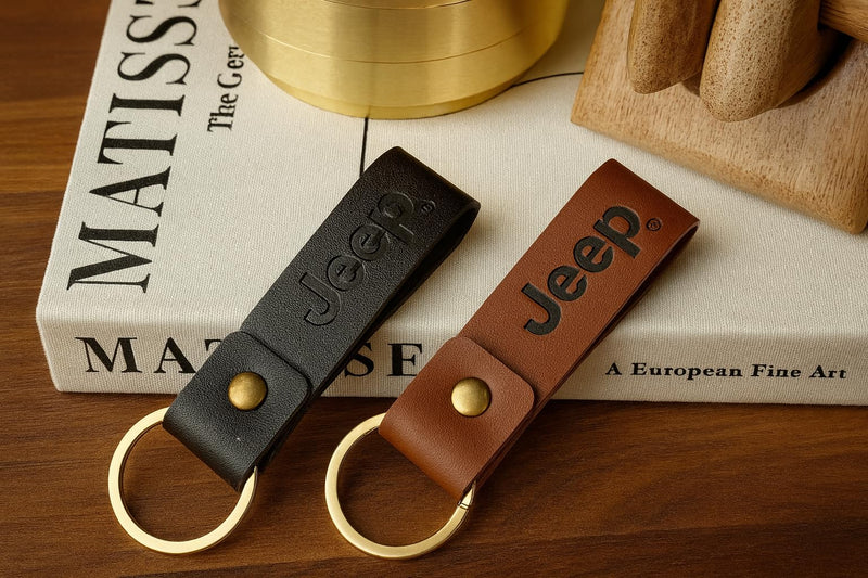 Jeep Keychain Genuine Leather - Officially Licensed Key Chain Wrangler Gladiator Cherokee Jeep Accessories Brown