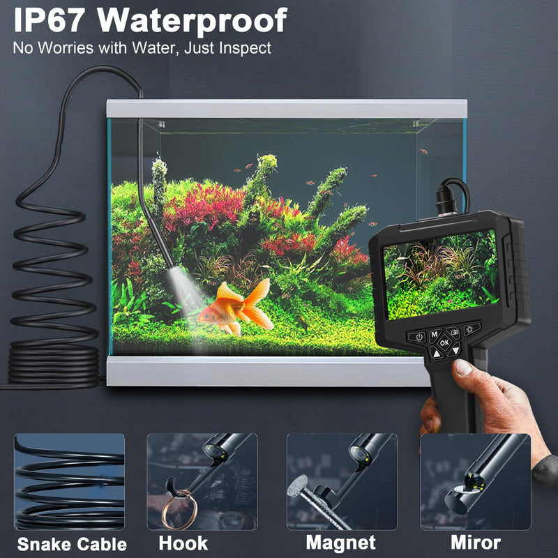 [Dual-Lens] Inspection Endoscope, Industrial Borescope Camera with Light, IP67 Waterproof Drain Pipe Scope Camera, 16.5ft Semi-Rigid Cord Borescope with Light, 1080 HD Screen(32GB Capacity)