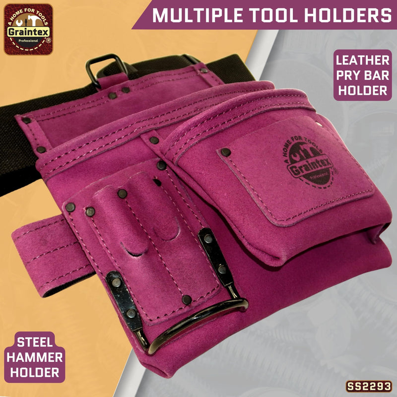 Graintex 5 Pocket Suede Leather Tool Belt/Bag | Purple | Multipurpose Leather Tool Belt for Women and Men | Construction, Electrician, Handymen, Carpenter, Gardening Pouch and DIY Projects