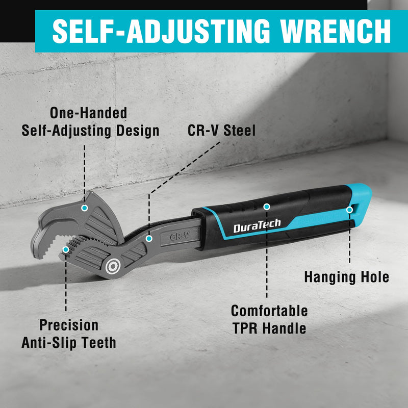 DURATECH 2 PCS Self-Adjusting Wrench Set, 8" & 12" Self-Locking Pipe Wrenches, Adjustable Size 3/8"-1-5/8"(9-41 mm), CR-V Steel, Non-Slip TPR Handle, for Home Repair, Mechanic and DIY Projects 8" & 12"