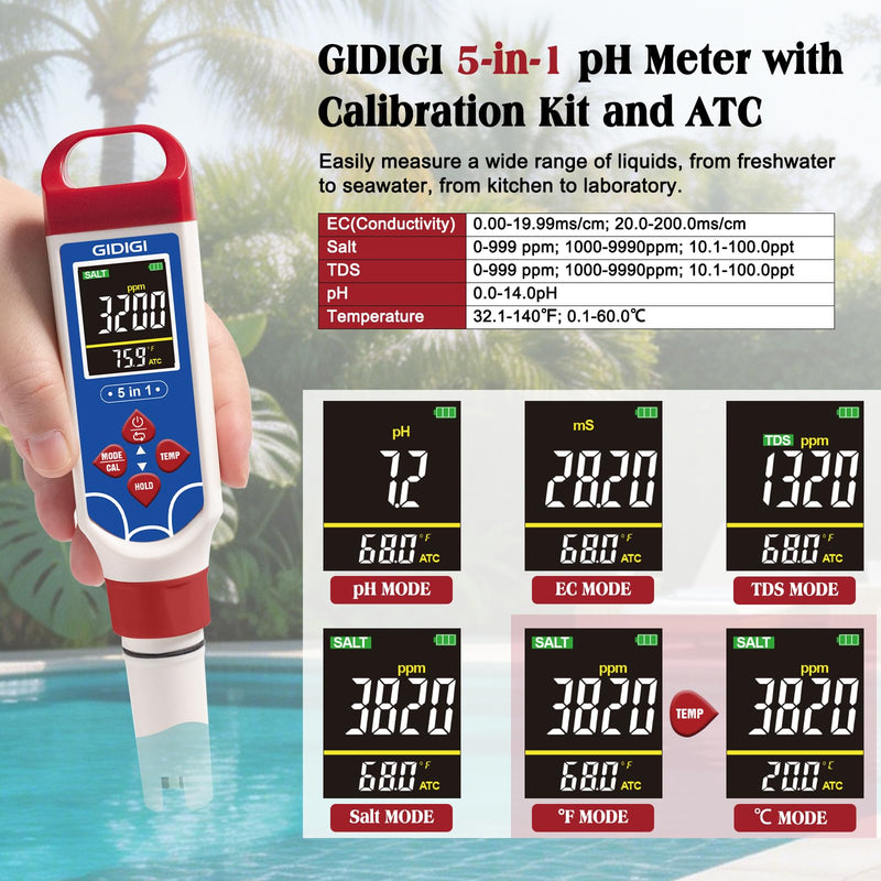 5 in 1 Digital pH Meter with TDS/EC/Salinity/Temp, Pool Salt Tester pH Pen for Water, Digital Salinity Meter for Saltwater Pool, Aquarium, Home Tank, Hydroponic pH Tester with pH Reset Function