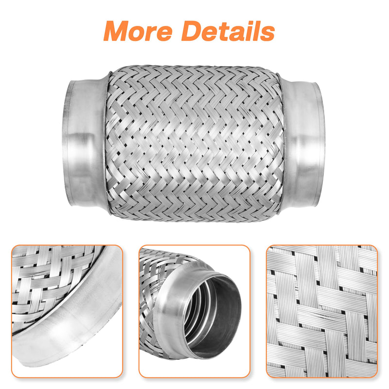 Exhaust Flex Pipe, 3" Double Braid Stainless Steel Flexible Pipe, Heavy Duty Exhaust Flexible Tube Overall Length 5.9"/150mm, 2PCS 3''