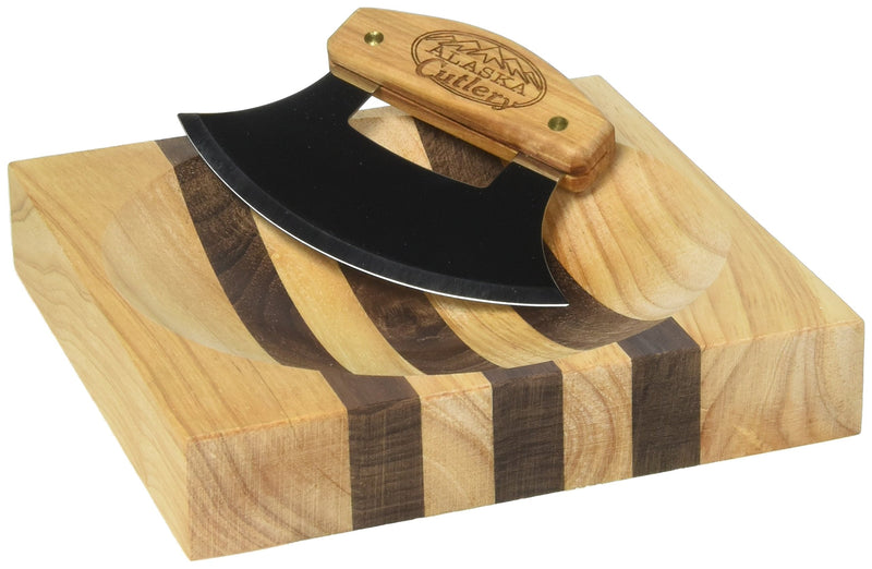 Alaska Ulu Knife Set Curved Knife with Wood Handle plus Chopping Board Mezzaluna Made in Alaska USA Ulu Factory