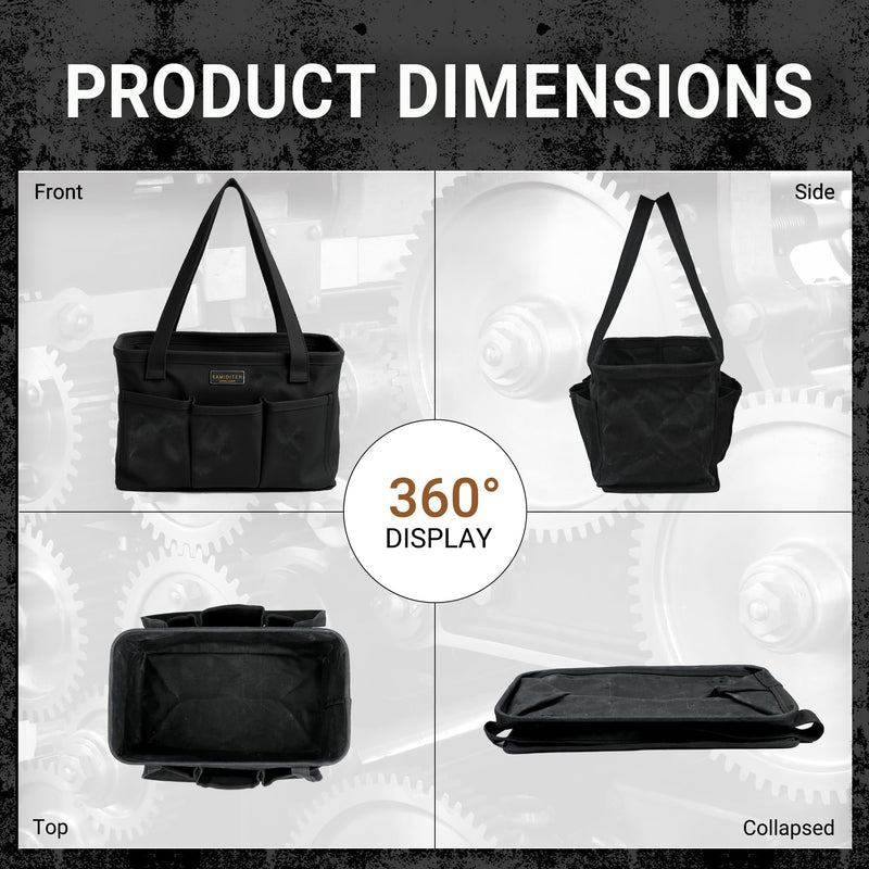 Tool Pouch, Heavy Duty 16oz Waxed Canvas Tool Bag, Rectangle Foldable Open Top Tool Bags with Handles, 7 Pockets | 13.5 x 7.8 x 7.8 Inches Black 13.5 Inch