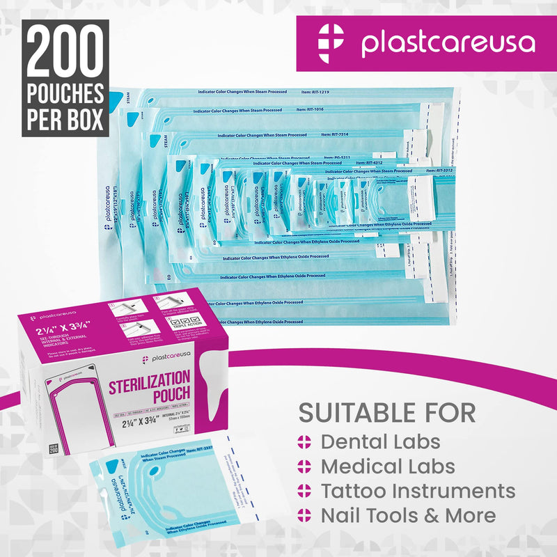 1000 2.25 x 2.75 Self Sealing Sterilization Pouches - Autoclave Sterilizer Bag Pouch for Sterilizing Dental Medical Instruments & Cleaning Tools - Latex-Free, Color Changing Indicator by PlastCare USA 1000