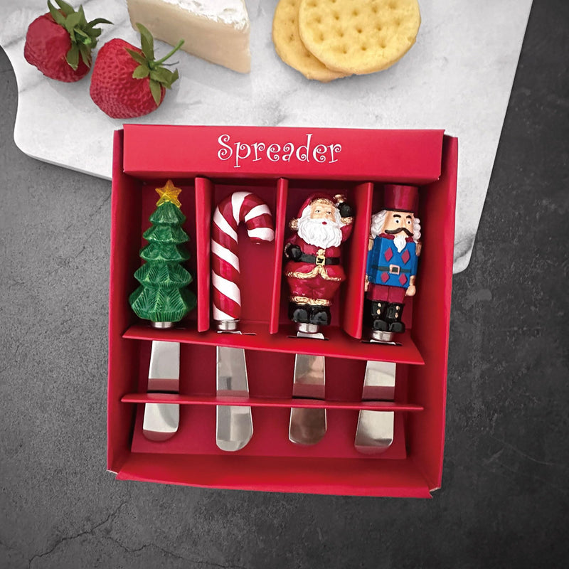 Supreme Housewares Tis the Season Cheese Spreaders, Hand-Painted Resin Handles with Stainless Steel Blades for Spreading Cream Cheese, Butter, and Jam, Assorted Christmas Designs, Set of 4