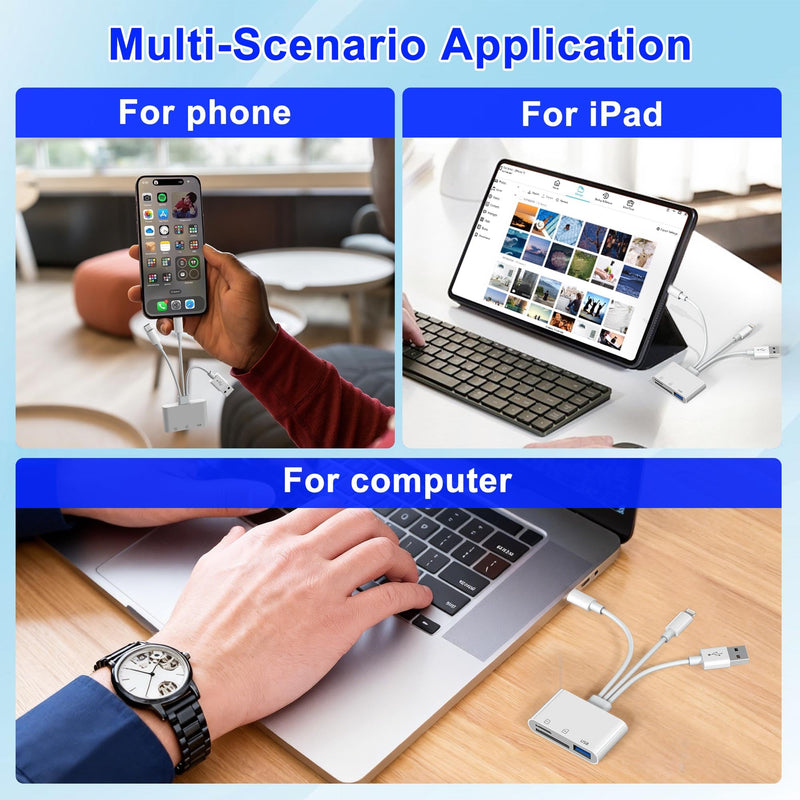 3 in 1 SD Card Reader for iPhone, USB Camera Adapter with Lightning/USB-C/USB-A, Memory Card Reader, SD/Micro SD Card Adapter for iPhone, iPad, Android, Mac, PC, Trail Game Camera