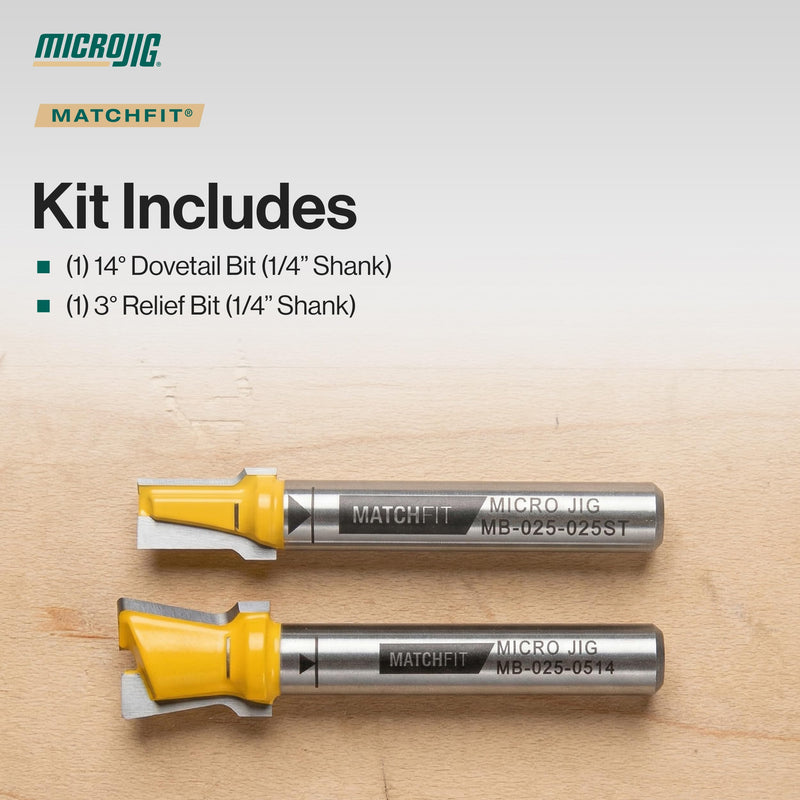 MICROJIG MATCHFIT Dovetail and Relief Router Bit Bundle for Clean Grooves, Reduced Tear Out, and Longer Tool Life in Cabinet Making, and Furniture Building, Woodworking Tools, ¼” Shank