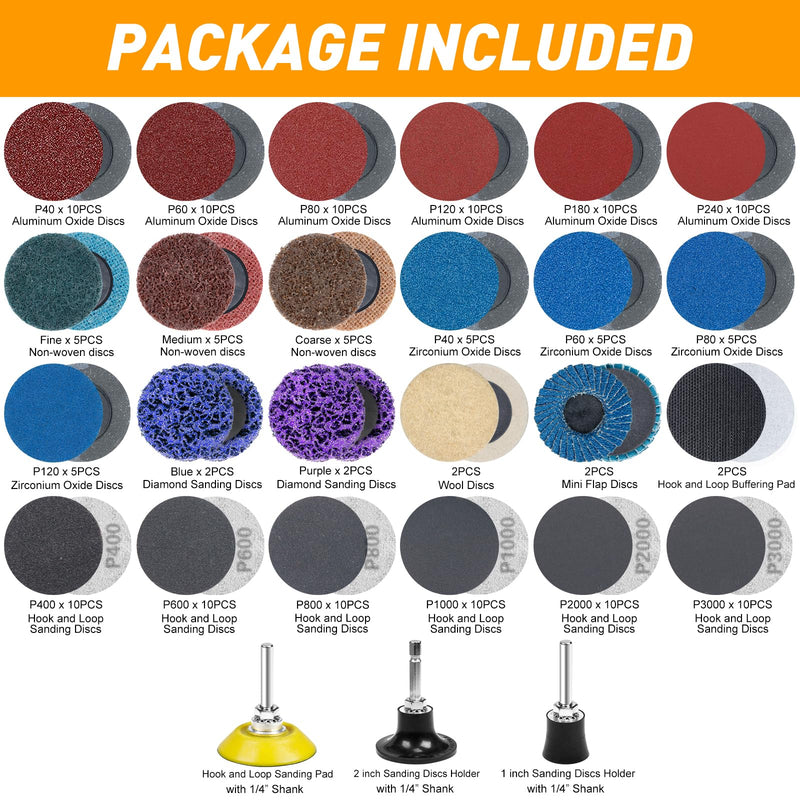172 PCS 2 Inch Die Grinder Sanding Discs with 1/4" Holder for Milwaukee Dewalt, Compatible with Both Die Grinders and Power Drills for Surface Conditioning, Sanding & Polishing 172