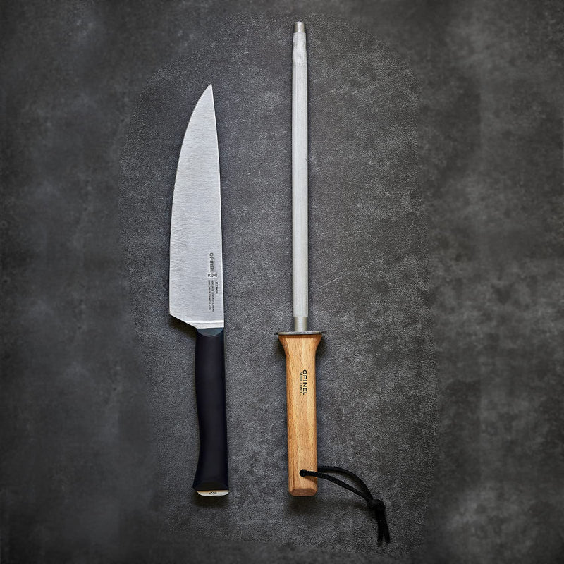 Opinel 10 Inch Honing Steel Sharpening Rod, Knife Sharpener for Kitchen Knives and Tools, Beech Wood Handle, Leather Lanyard