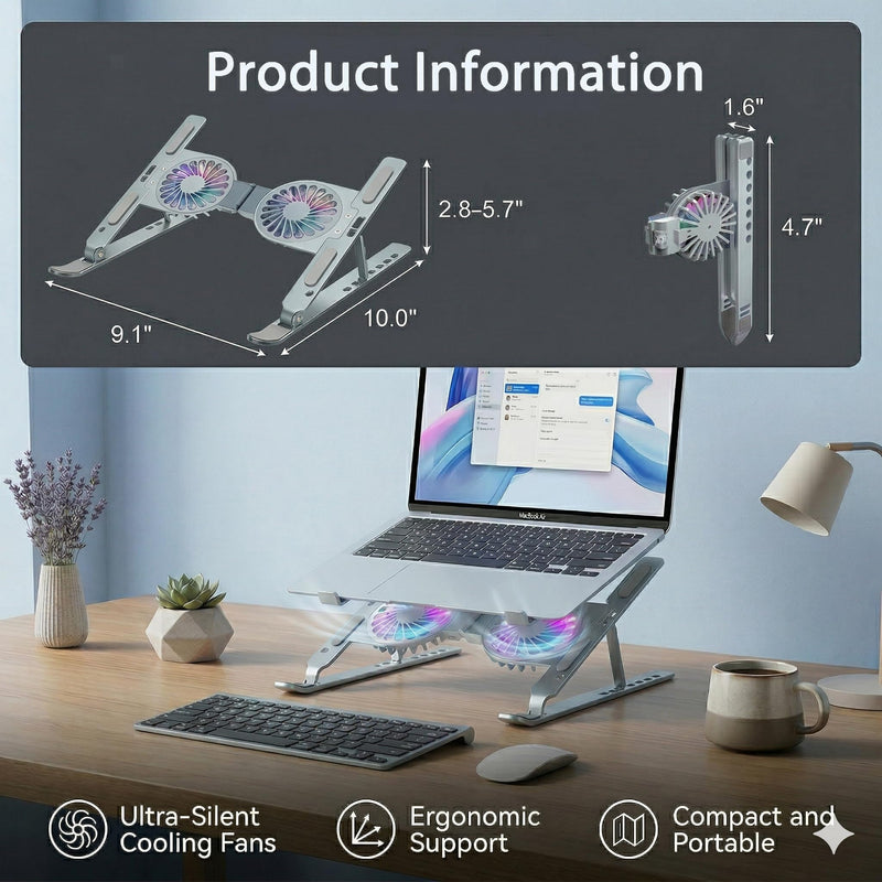 Laptop Cooling Stand with Dual RGB Fans, 7-Level Adjustable Height, Aluminum Ergonomic Laptop Cooler for 11-17'' Notebook (Gray) Gray