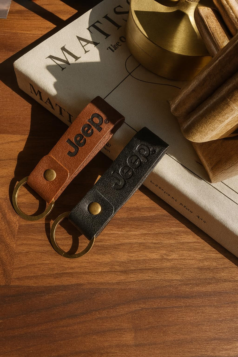 Jeep Keychain Genuine Leather - Officially Licensed Key Chain Wrangler Gladiator Cherokee Jeep Accessories Brown