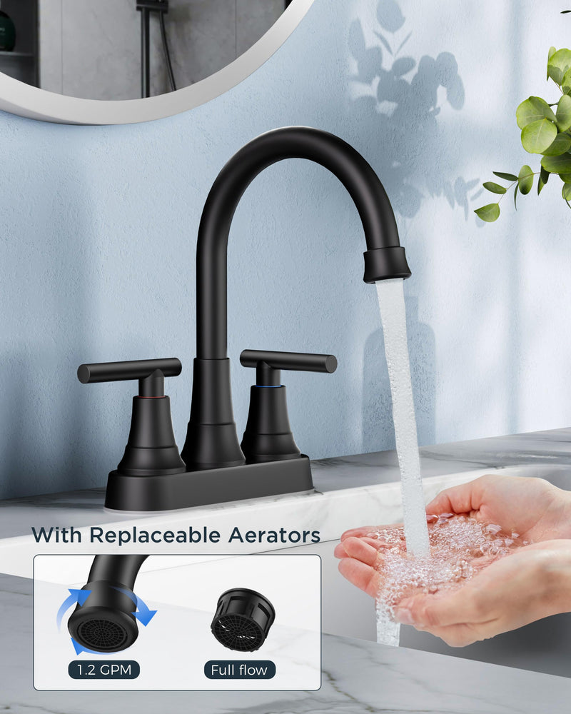 FORIOUS Matte Black Bathroom Faucets, 4 Inch Centerset Bathroom Sink Faucet 2 or 3 Hole with Pop up Drain and cUPC Hose, Two Handles Control, 360° spout for Restroom,Vanity, RV Classic