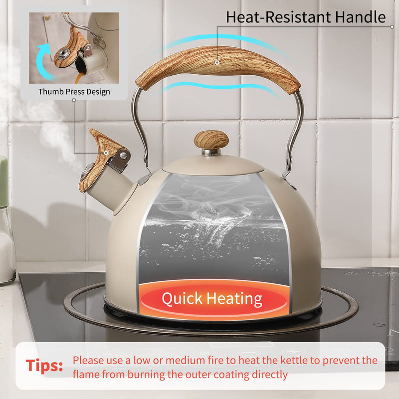 LONFFERY Tea Kettle for Stove Top, 2.5 Quart Whistling Tea Kettle, with Food Grade Stainless Steel and Wood Pattern Folding Handle, Creamy White Creamy White - 2.5 QT
