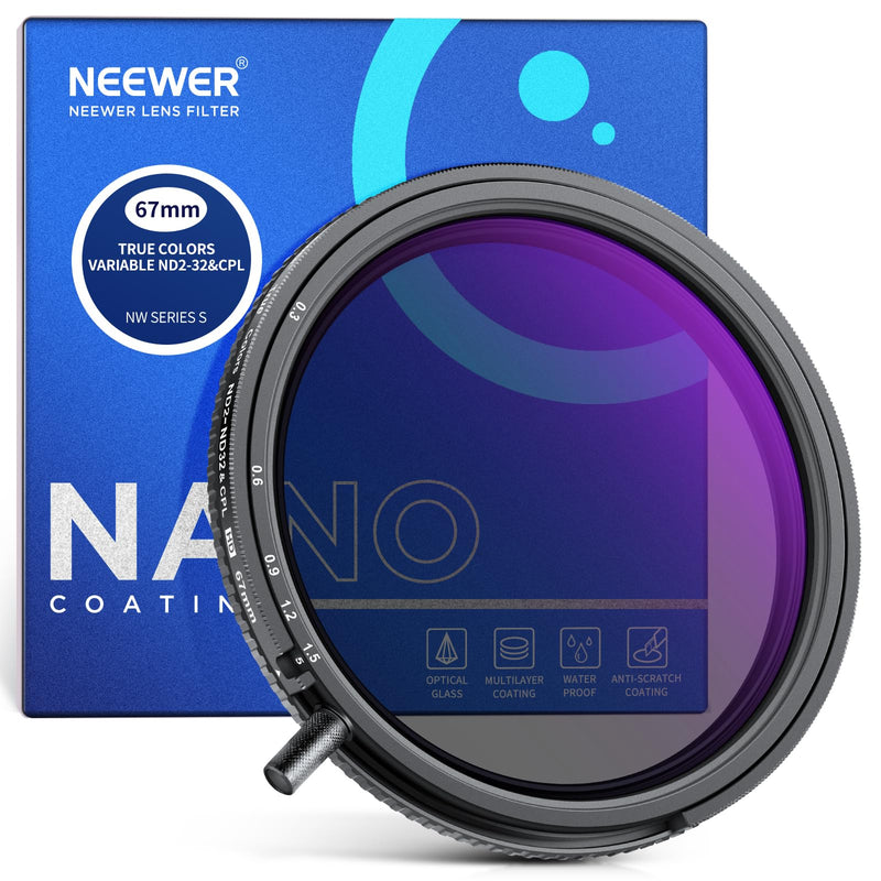 NEEWER 67mm True Colors Variable ND Filter ND2-ND32 & CPL, 2 in 1 Adjustable Neutral Density and Circular Polarizing Filter, Multi Coated HD Optical Glass/Aluminum Frame