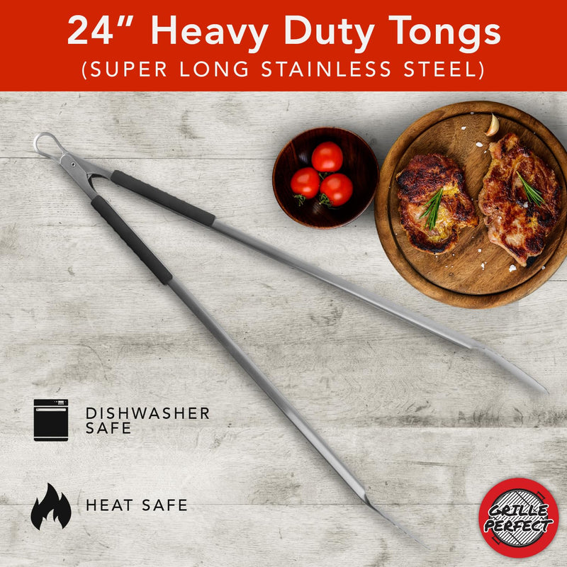 Grill Tongs 24-Inch Super Long Extra Heavy Duty for Grilling and Barbecue Heat Resistant Hand Grips Stainless Steel for BBQ Outdoor Kitchen and Cooking Hot Grilled Food 24 Inches