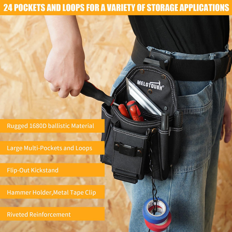 MELOTOUGH Professional Small Electrician Tool Pouch for Tool Belt Pockets with Belt Clip Attachment Pockets Tradesman Tool Bag Pouch with Tape Thong Tool Holster