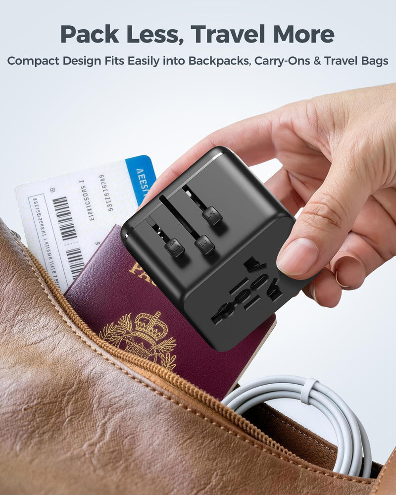 Universal Travel Adapter with Dual AC Outlets, 4 USB Ports, 2500W | 3 USB-C & 1 USB-A Ports, Charge 6 Devices, Compact Design, EU/US/UK/AU Plug Adapter for 200+ Countries